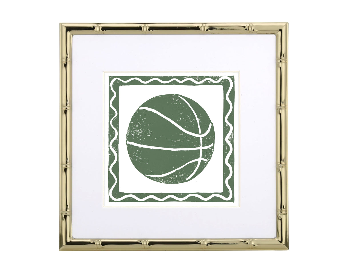 Framed artwork with a green circle design on a white background