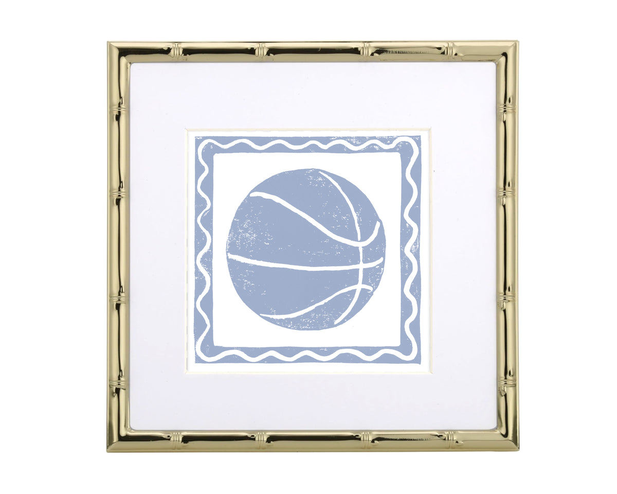 Framed artwork with a blue basketball design on a white background