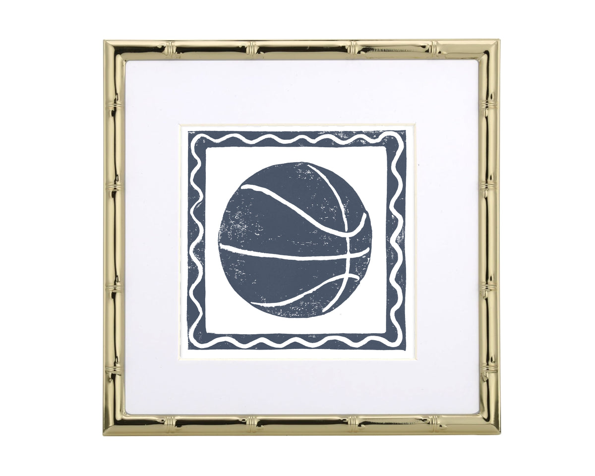 Framed artwork with a blue basketball design on a white background