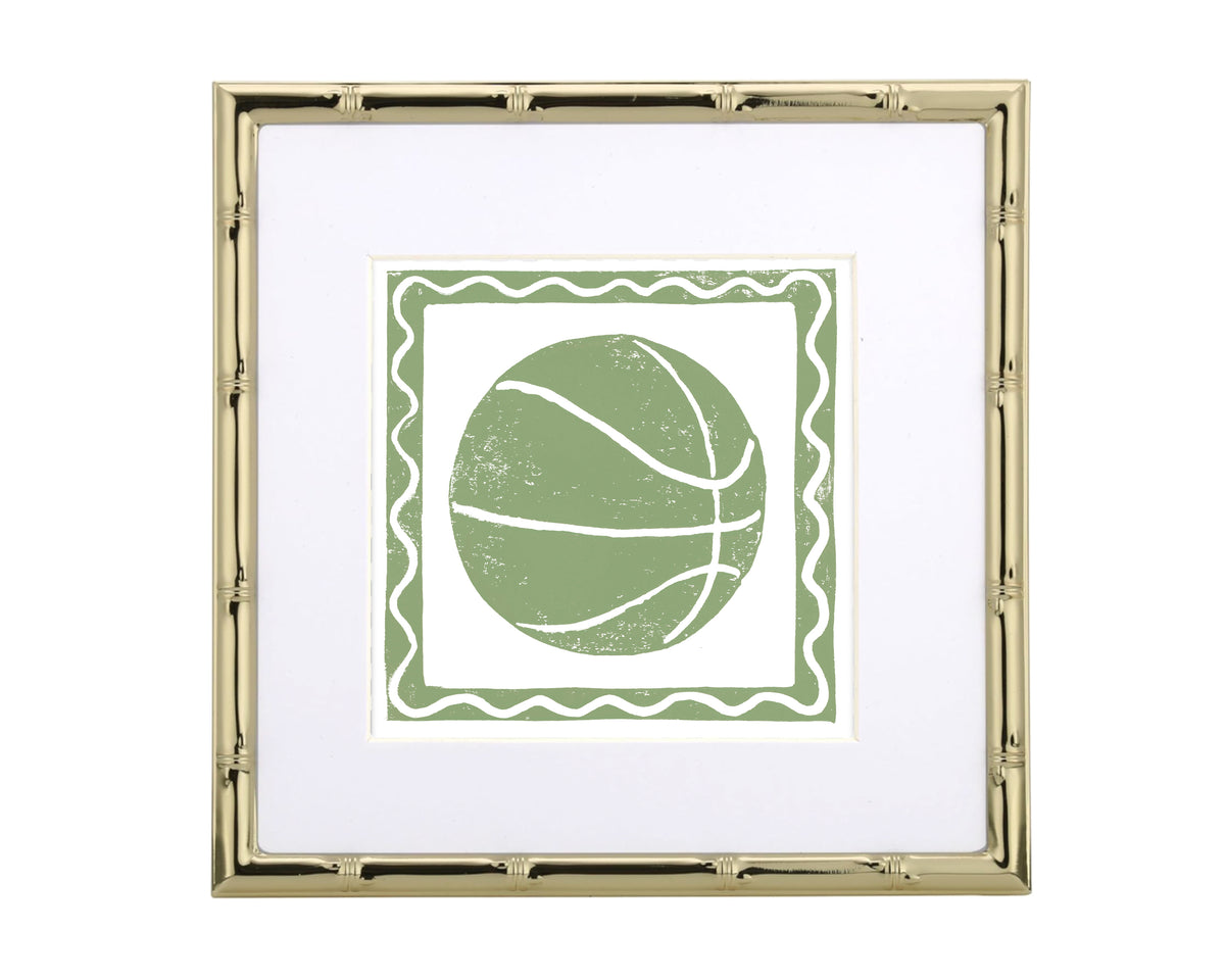 Framed artwork with a green basketball design on a white background