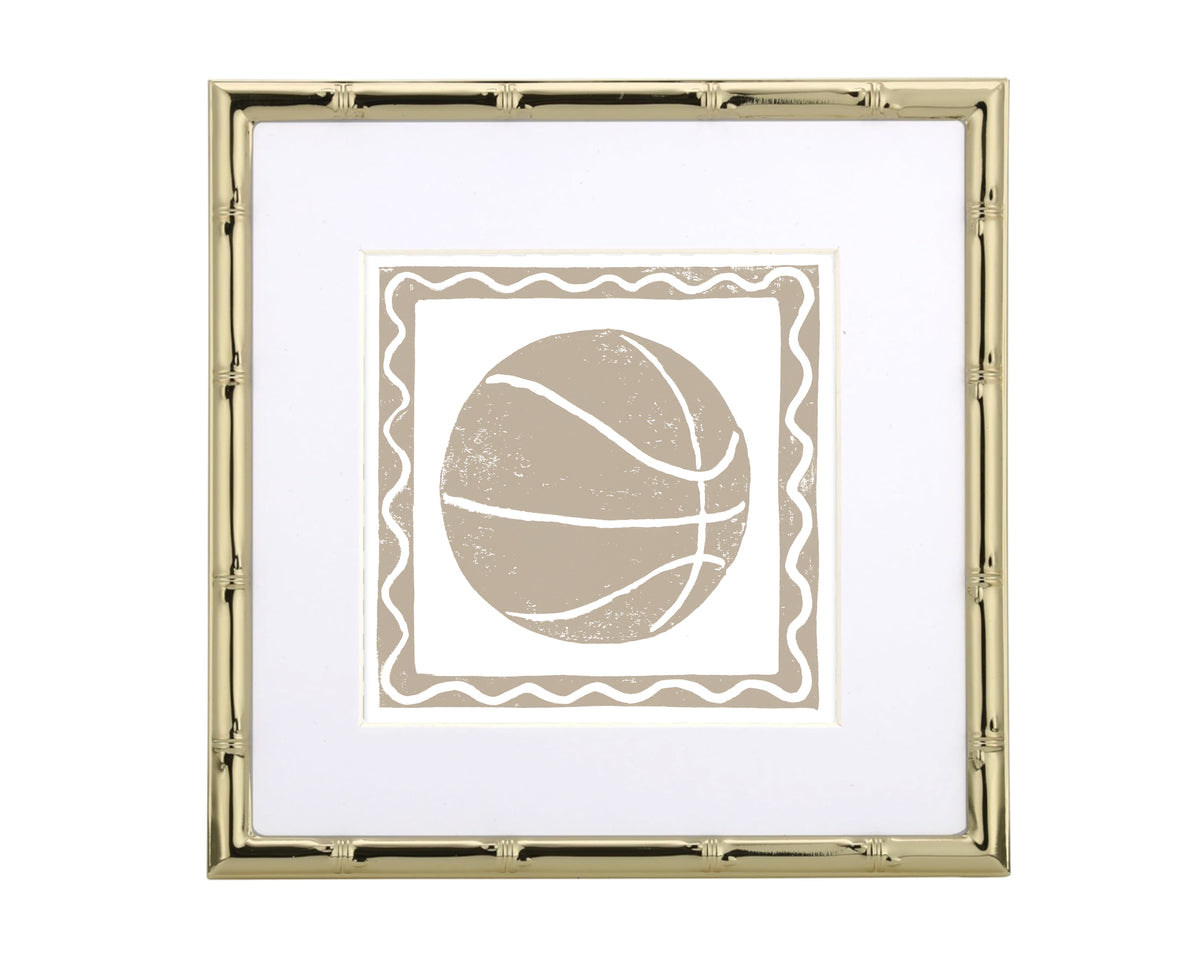 Framed artwork with a beige basketball design on a white background