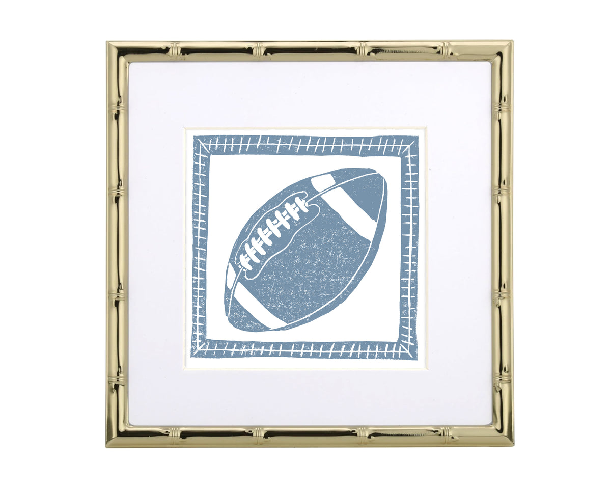 Framed artwork of a blue football on a white background