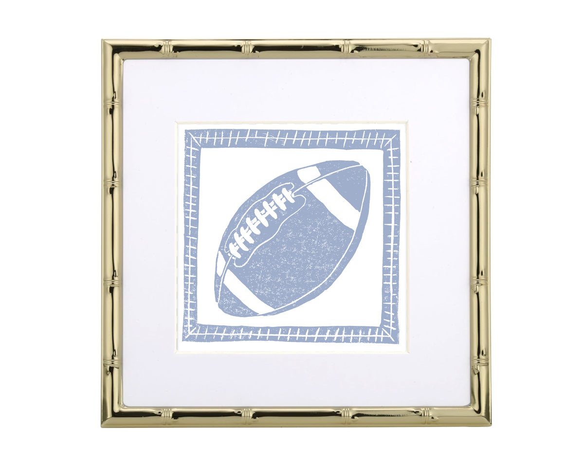 Framed artwork of a blue football on a white background