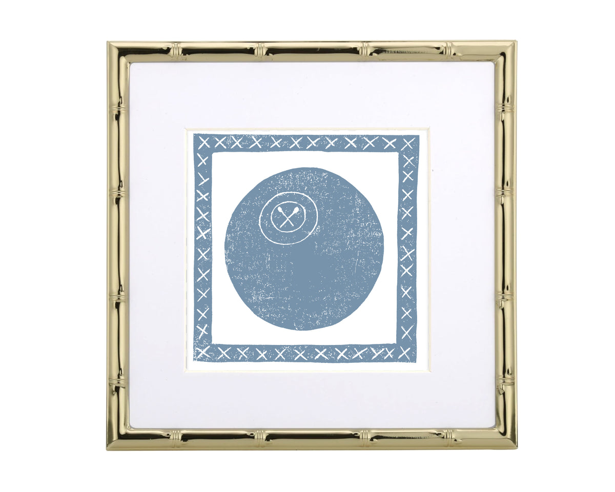 Framed artwork with a blue lacrosse ball design on a white background