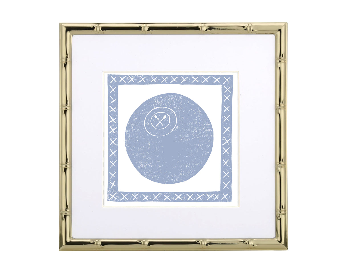Framed artwork with a blue lacrosse ball design on a white background