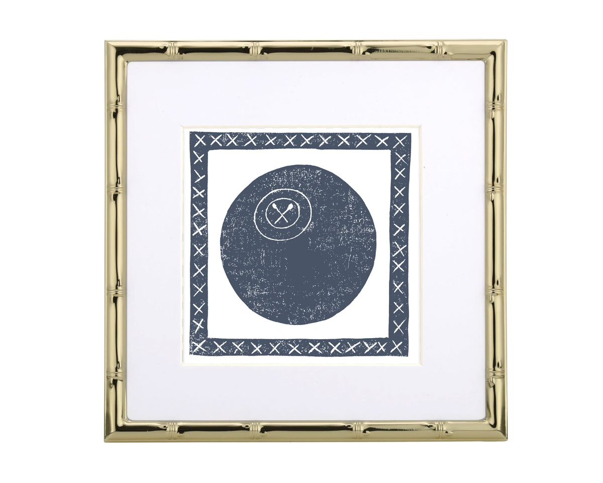 Framed artwork with a blue lacrosse ball design and gold frame on a white background