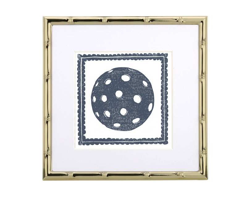 Framed artwork with a blue polka dot pickleball design on a white background