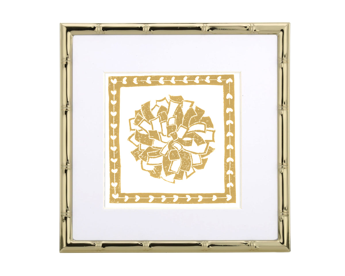 Decorative gold frame with a white center featuring a pompon design.