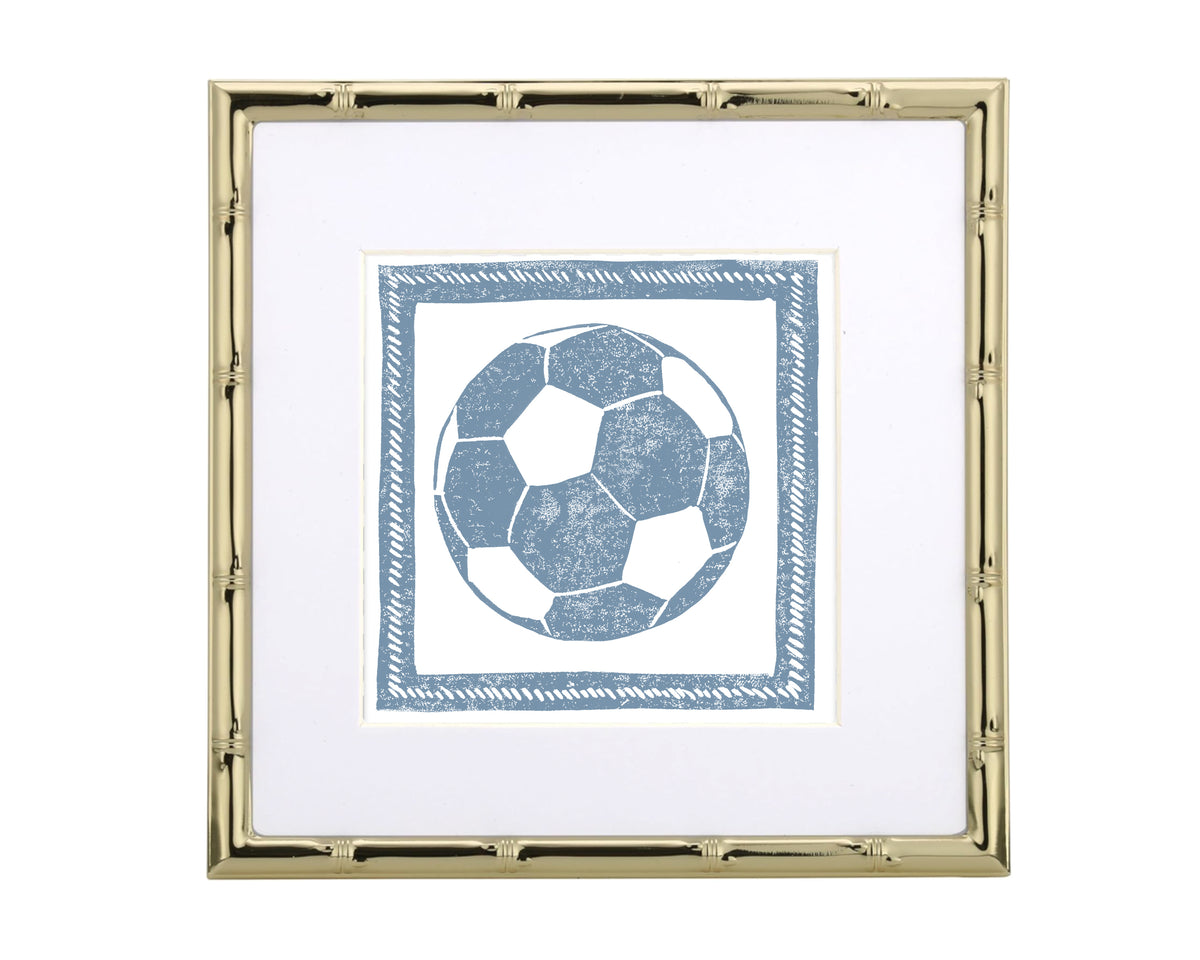 Framed artwork of a blue soccer ball design on a white background