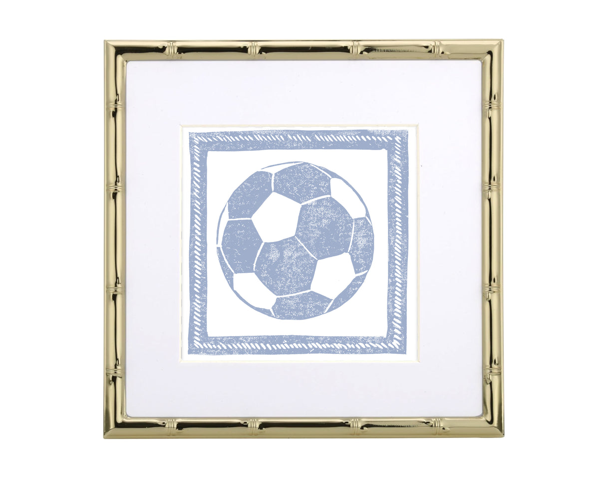 Framed artwork of a blue soccer ball design on a white background