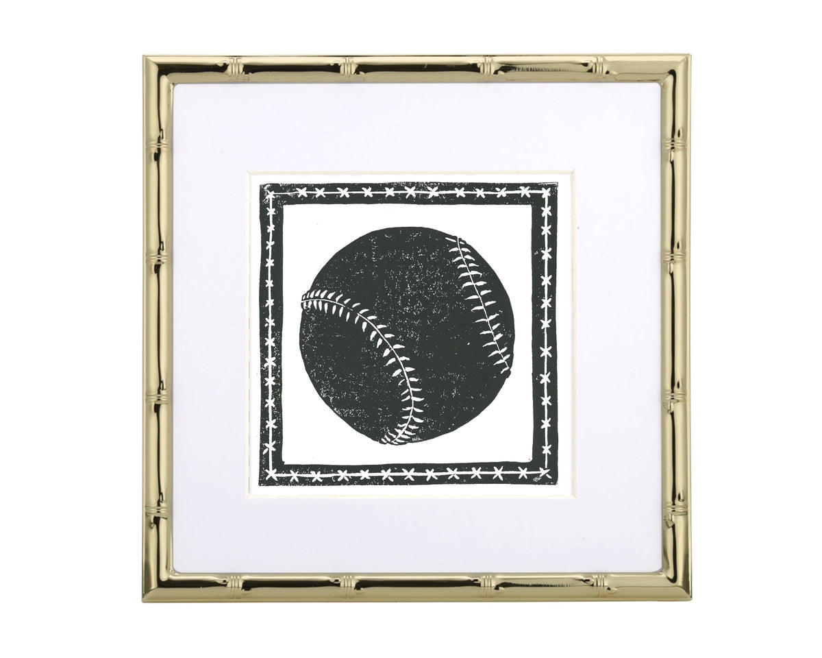 Framed artwork of a black baseball with white stitches on a white background
