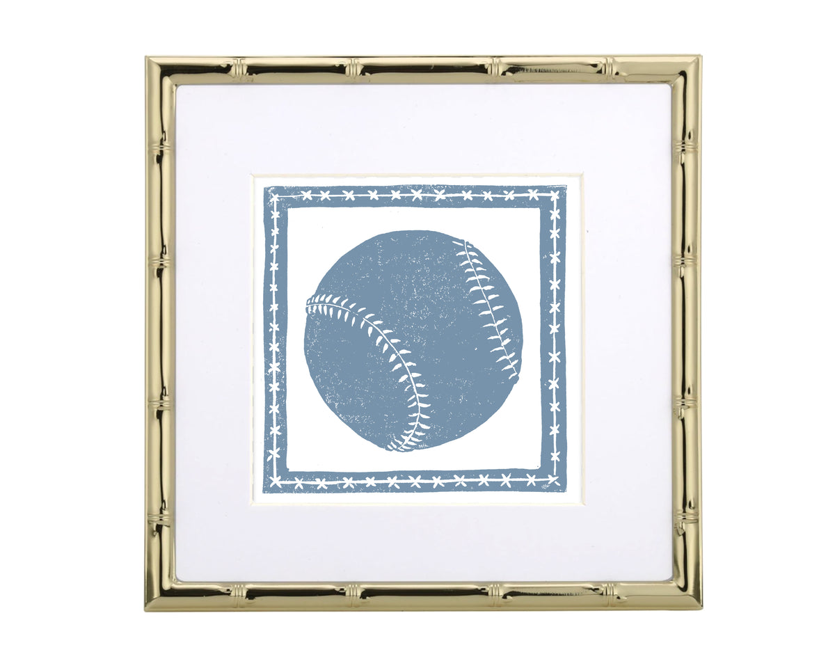 Framed artwork of a blue baseball with white stitches on a white background