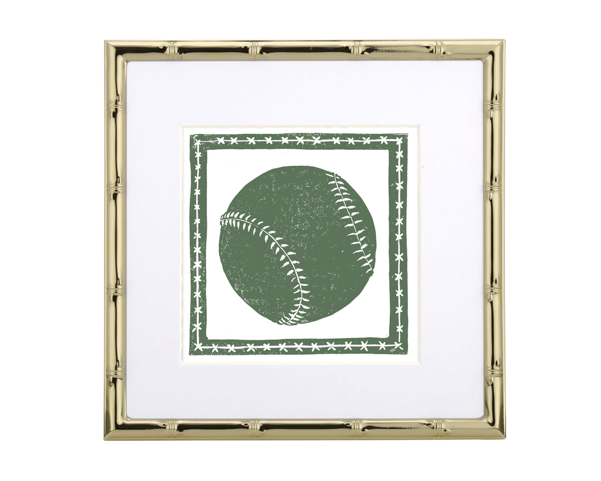 Framed artwork of a grass green baseball on a white background