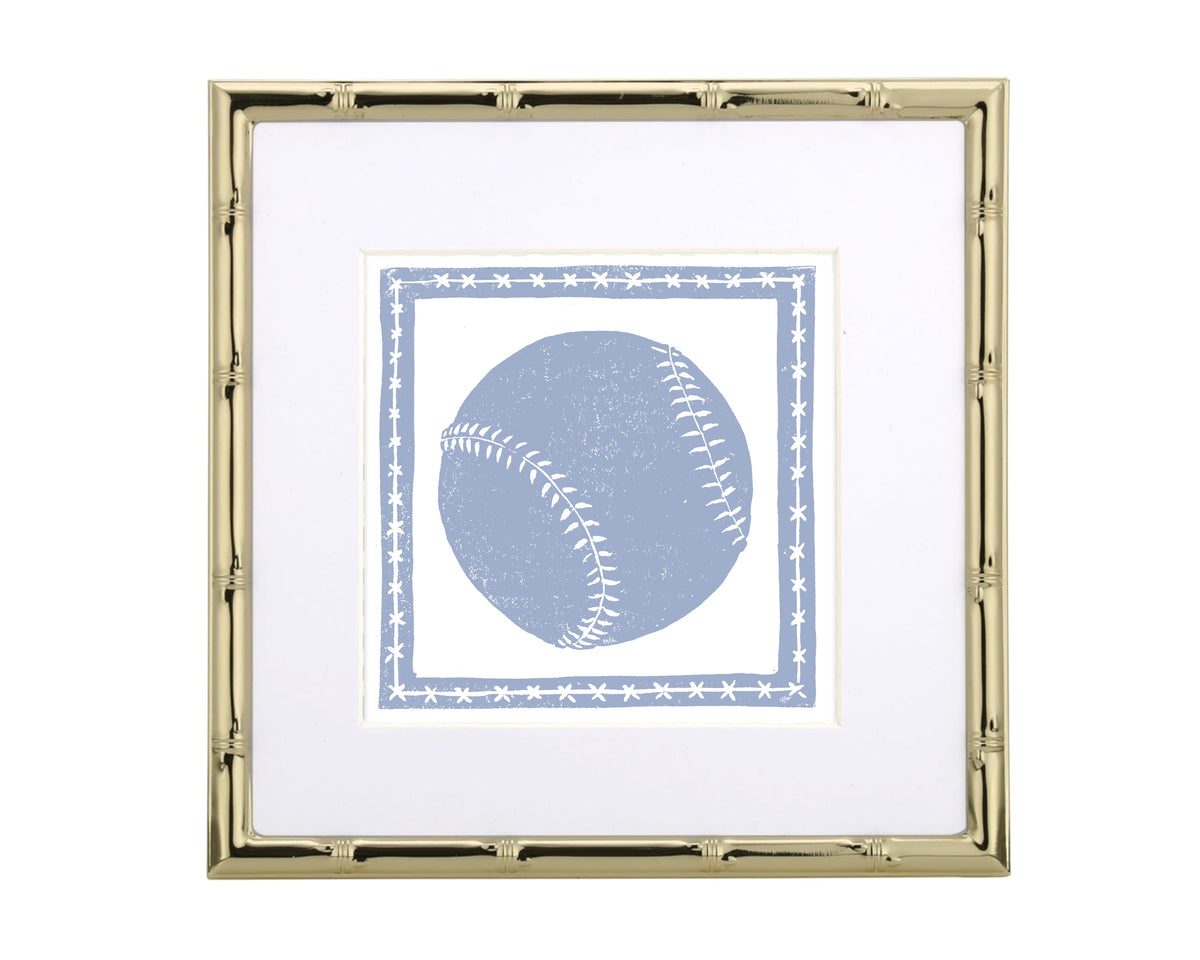 Framed artwork of a blue baseball with white stitches on a white background