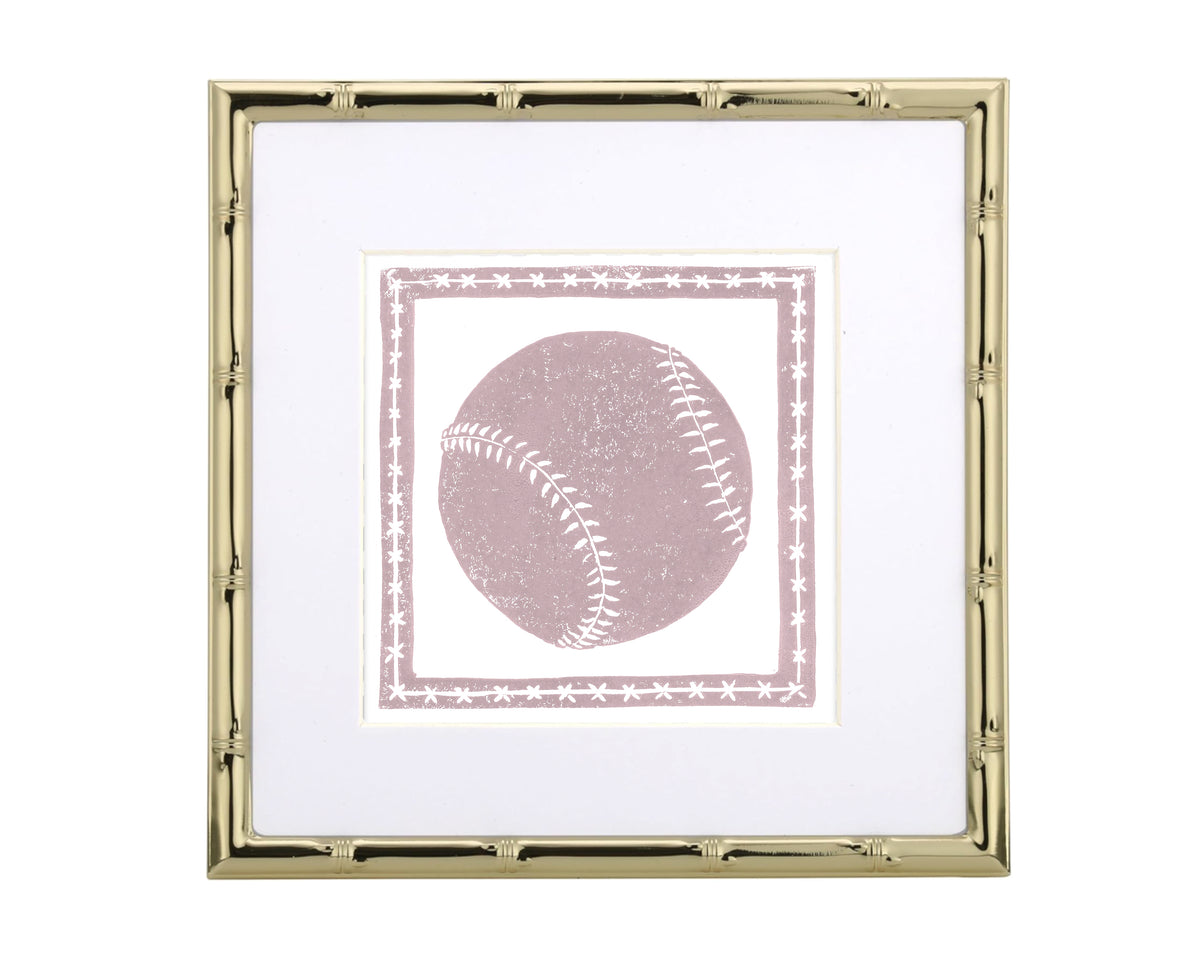 Framed artwork of a pink baseball on a white background