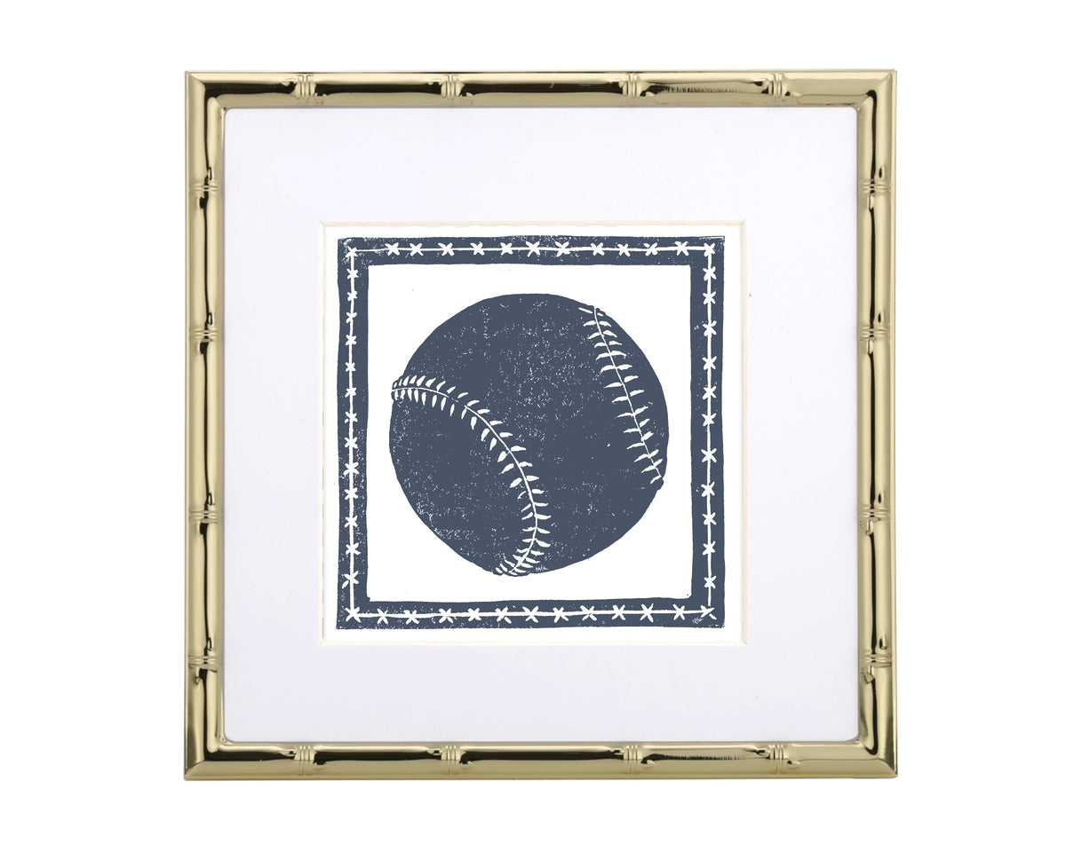 Framed artwork of a baseball with a gold frame on a white background