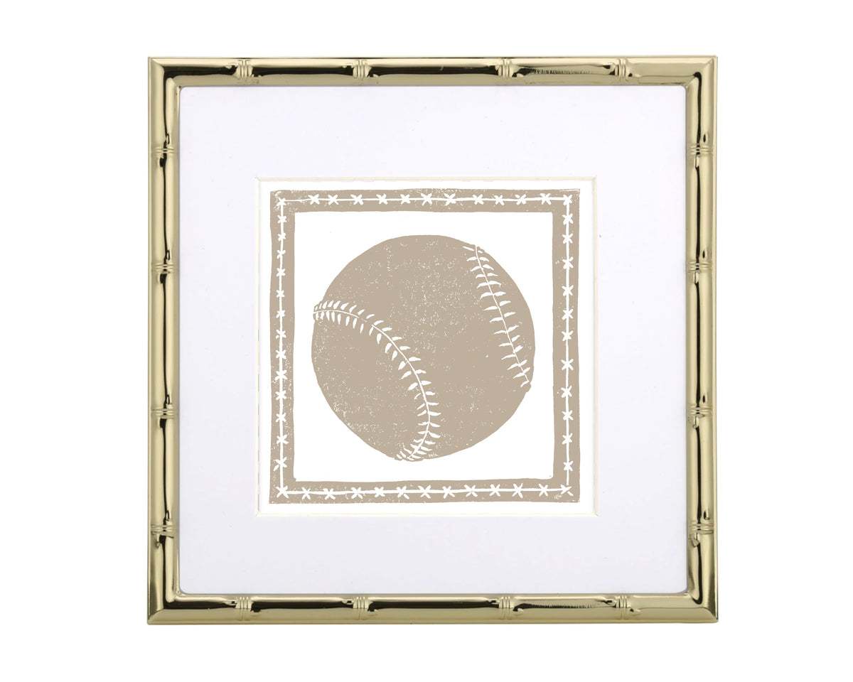 Framed artwork of a baseball on a white background