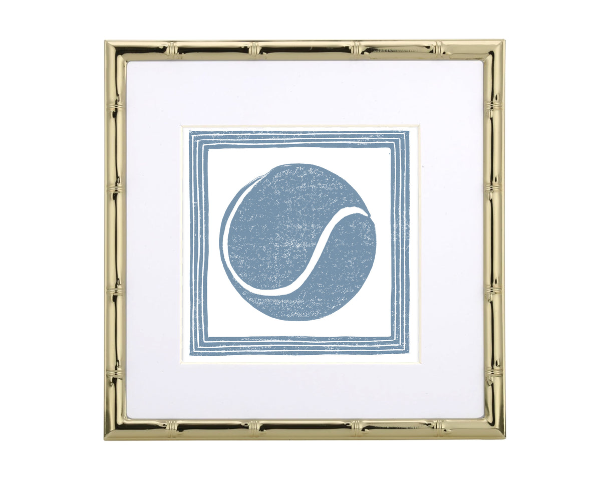 Framed artwork with a blue tennis ball design on a white background