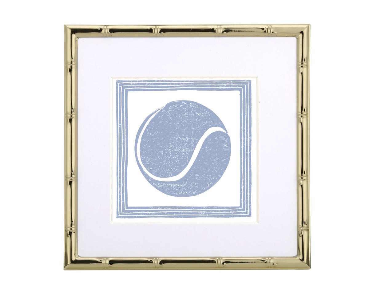 Framed artwork with a blue tennis ball design on a white background