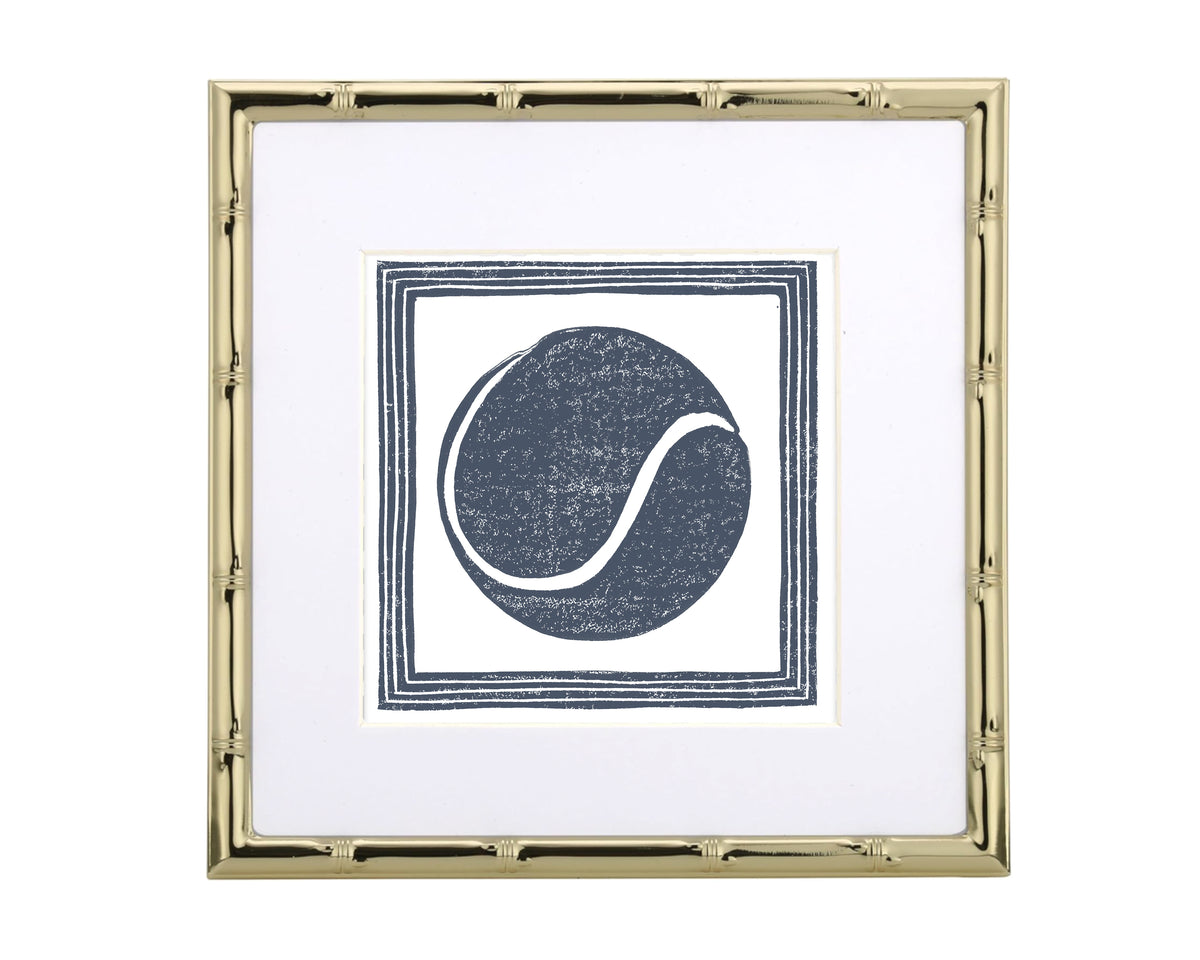Framed artwork with a blue tennis ball design on a white background