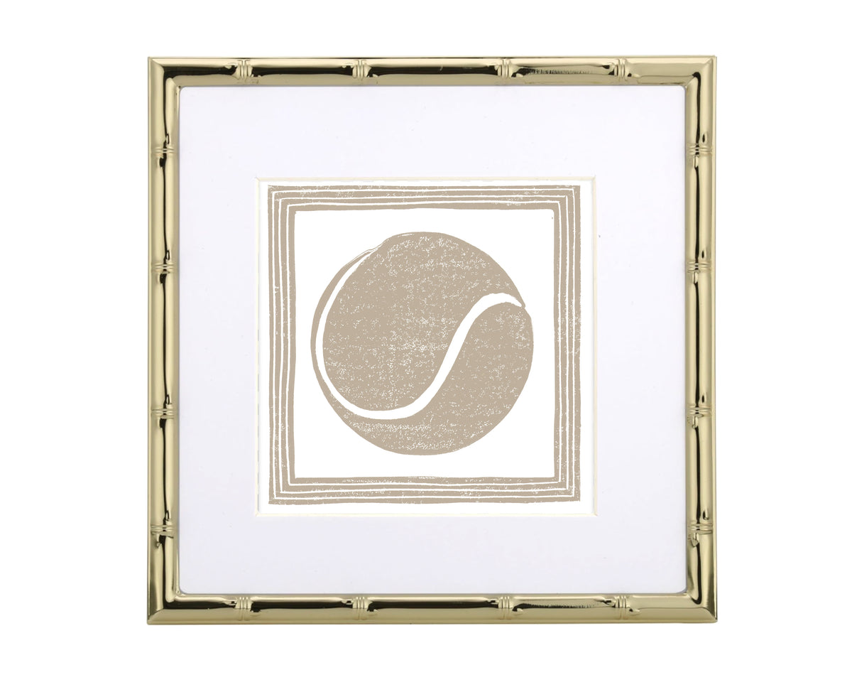 Decorative frame with a tan tennis ball on a white background
