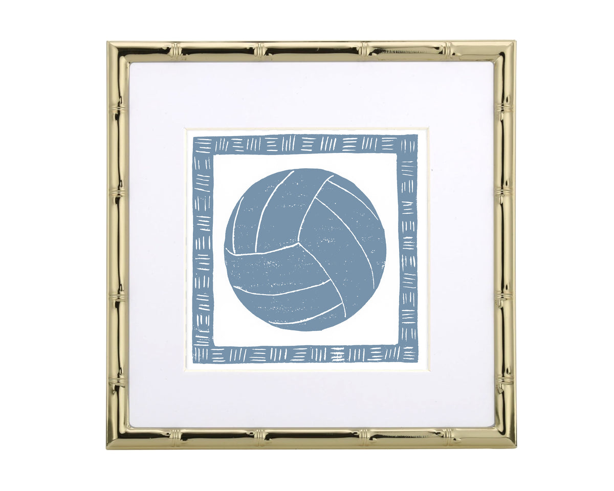 Framed artwork of a blue soccer ball design on a white background