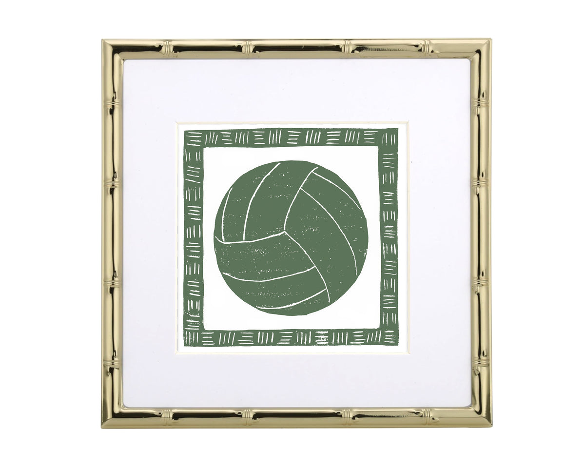 Framed artwork of a green soccer ball design on a white background