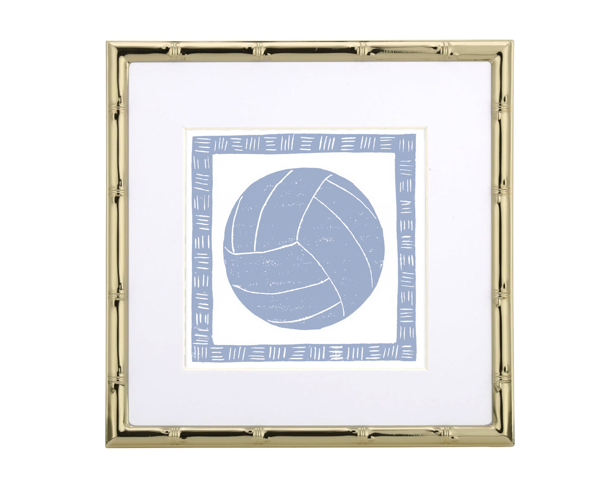 Framed artwork with a blue soccer ball design on a white background
