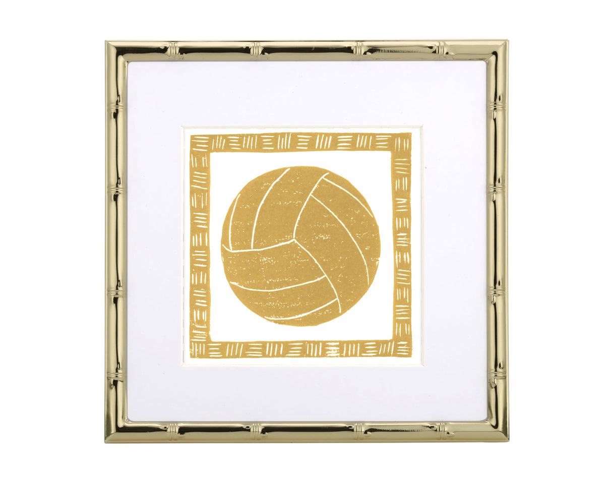 Framed artwork of a gold volleyball with a white background