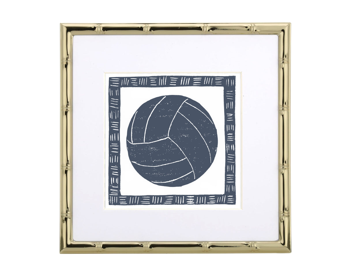 Framed artwork of a blue volleyball design on a white background