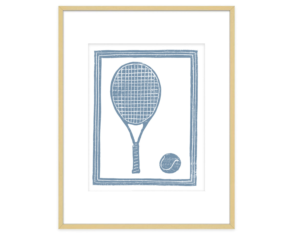 Cornflower Blue and White Tennis Racket Art Print Wall Decor