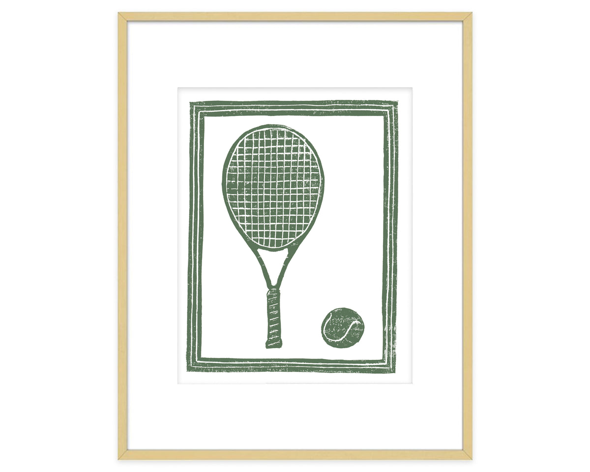 Framed artwork of a green tennis racket and ball illustration on a white background