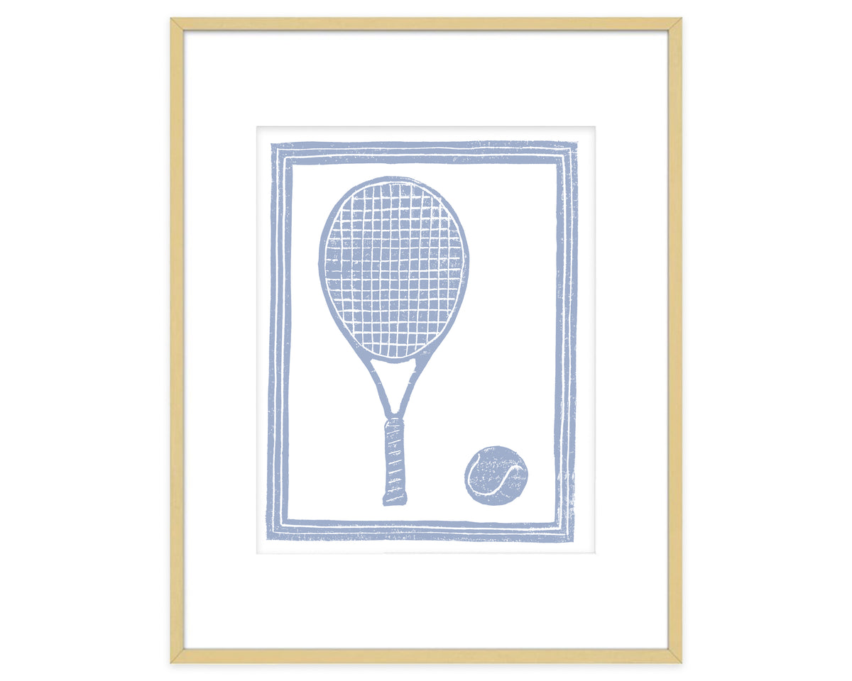 Framed artwork of a tennis racket and ball silhouette on a white background
