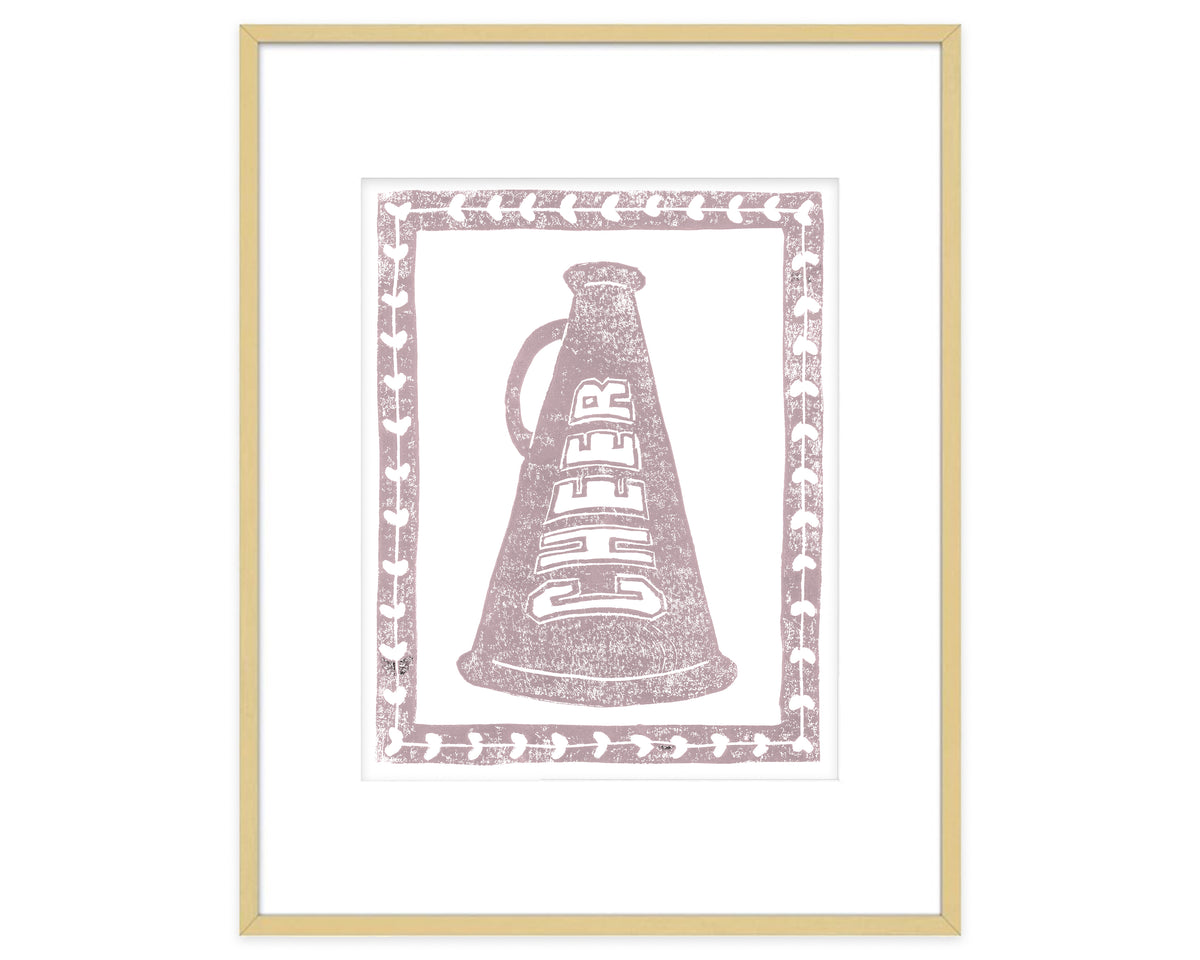 Framed artwork of a megaphone with 'CHEER' text on a white background