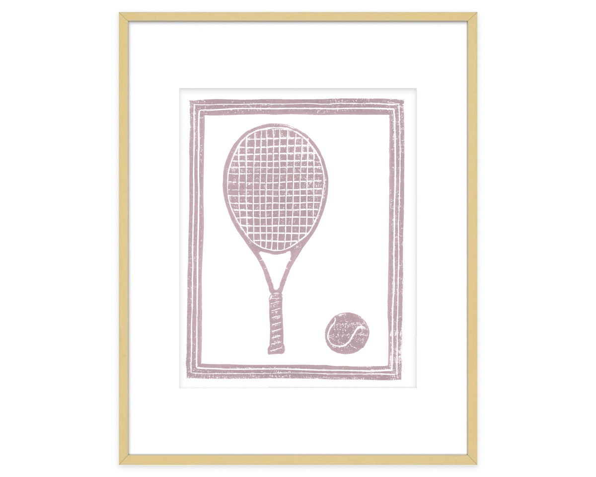 Framed artwork of a tennis racket and ball silhouette on a white background