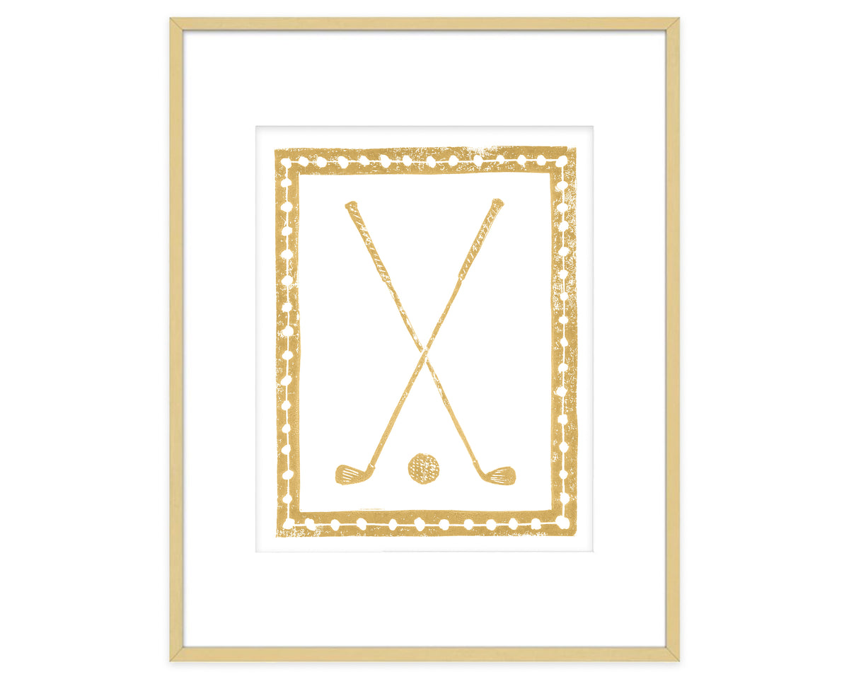 Framed artwork with mustard yellow golf clubs and ball on a white background