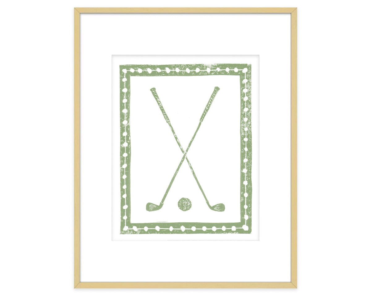 Framed artwork with golf clubs and balls on a white background