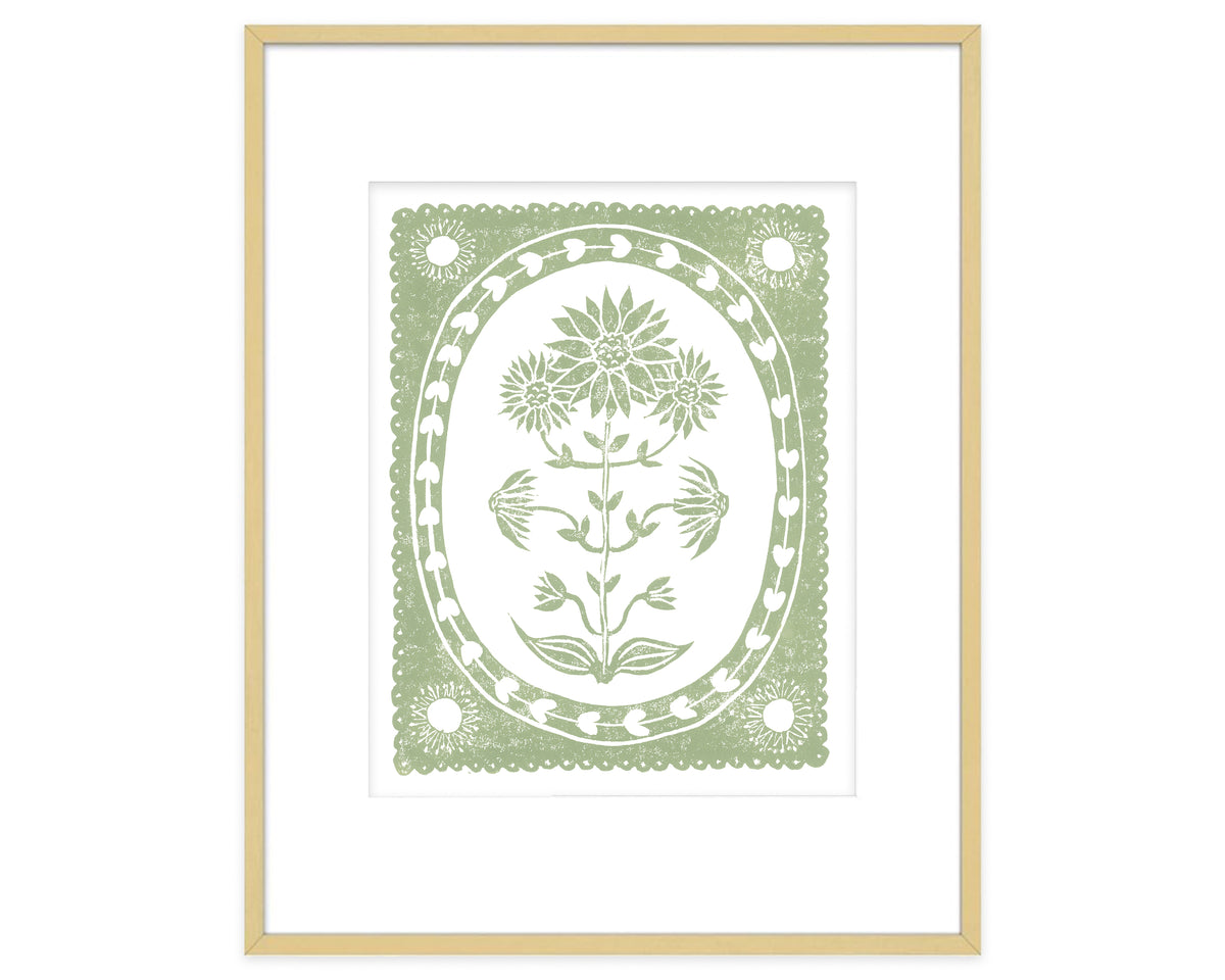 Sage Green and White Sunflower Flower Art Print Botanical Wall Decor