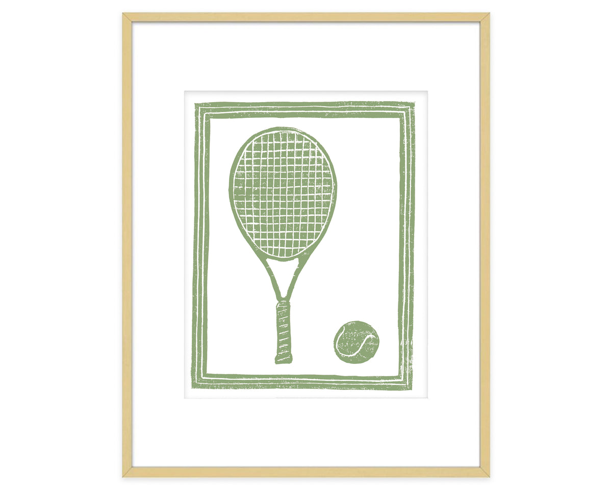 Framed artwork of a green tennis racket and ball silhouette on a white background
