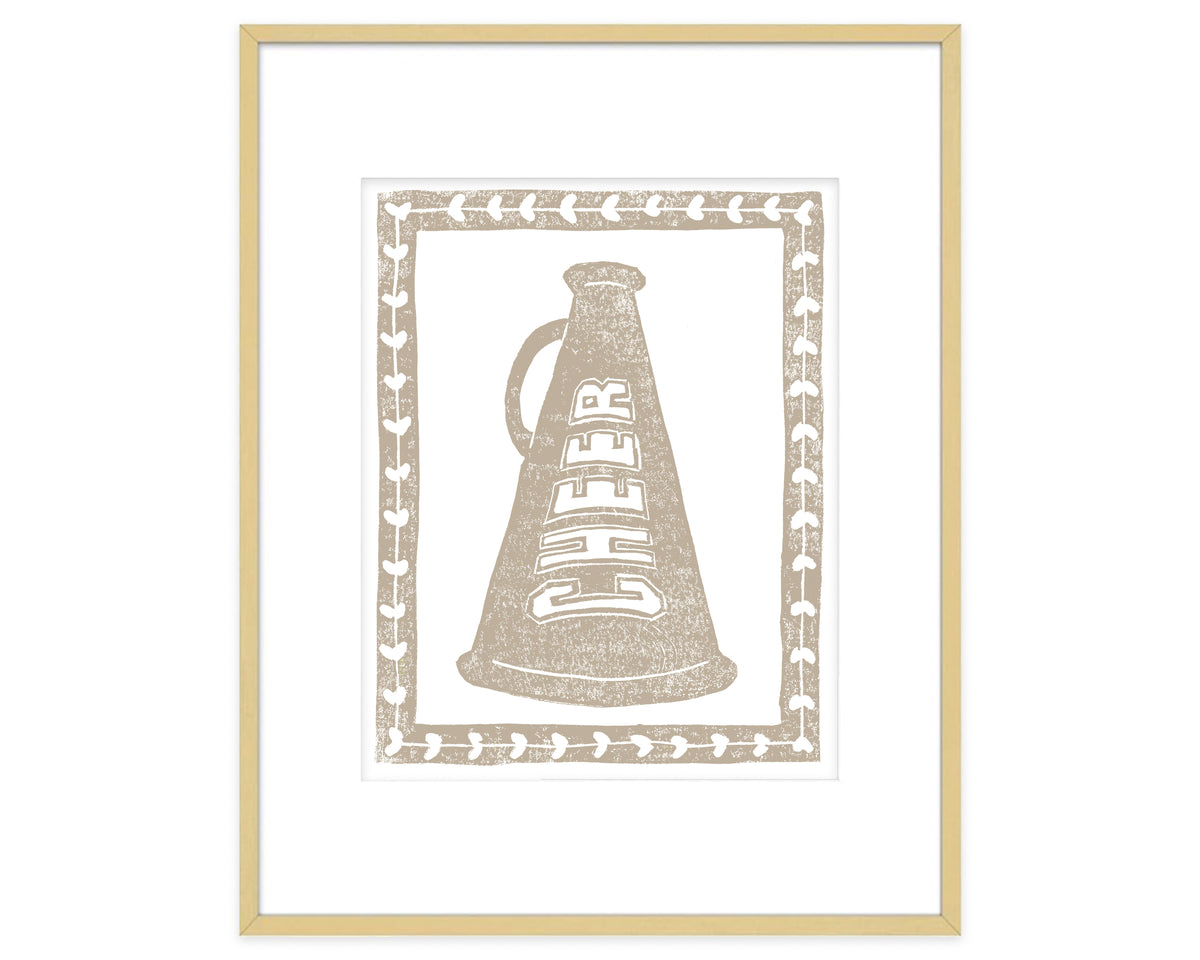 Decorative print with a megaphone and 'CHEER' text inside, framed with a decorative border on a white background.