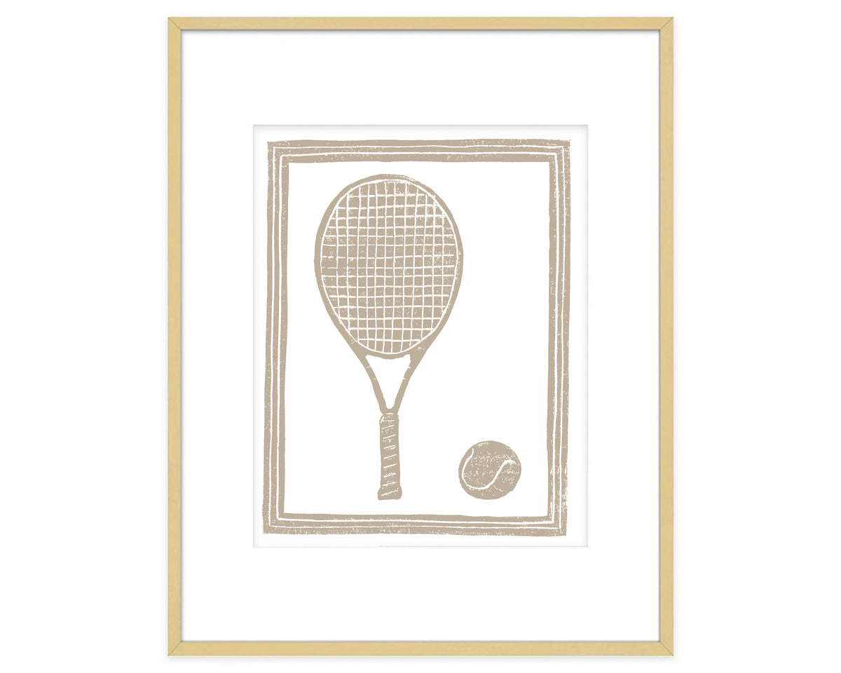 Framed artwork of a tennis racket and ball on a white background