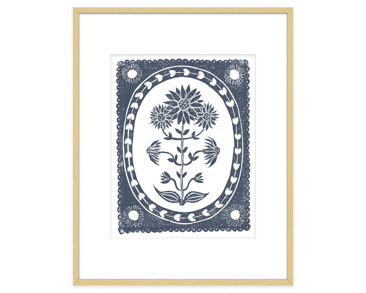 Navy Blue and White Sunflower Flower Art Print Botanical Wall Decor