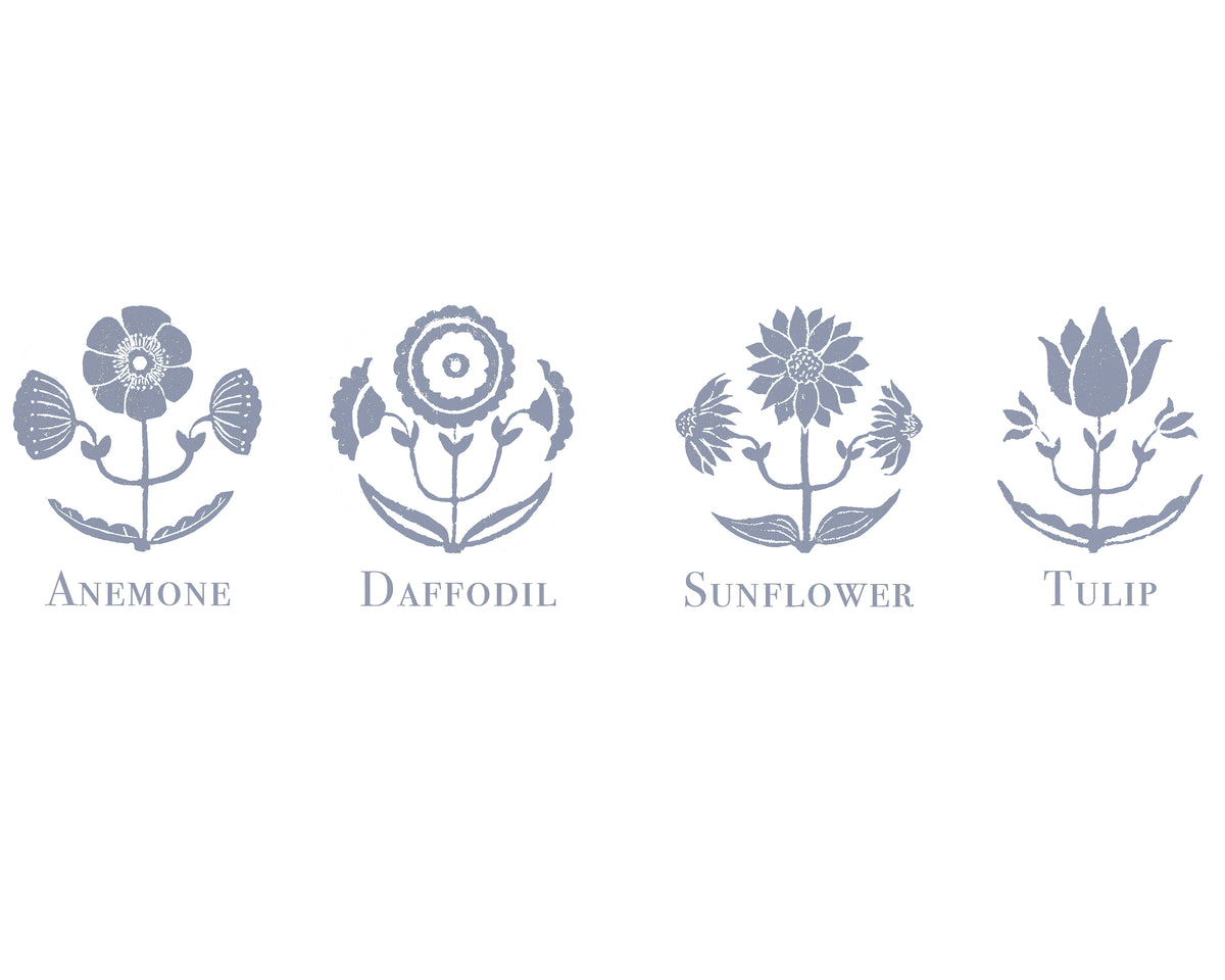 Four floral illustrations labeled 'Anemone', 'Daffodil', 'Sunflower', and 'Tulip' on a white background.