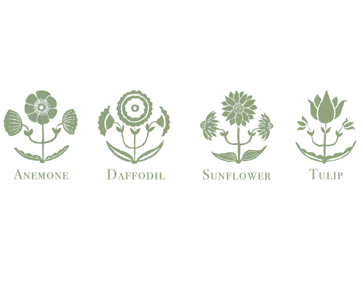 Four green floral illustrations with labels on a white background