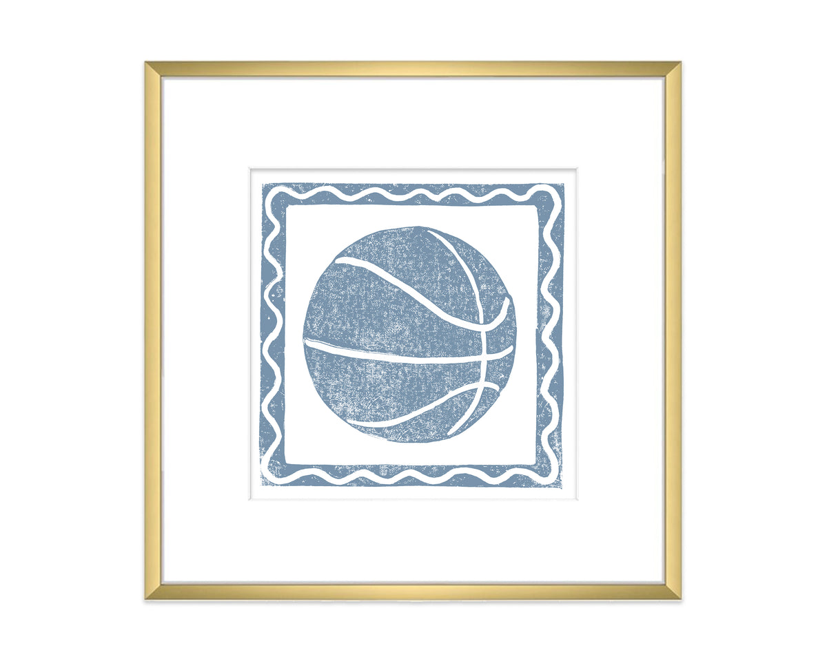 Framed artwork of a blue textured basketball with wavy border on a white background