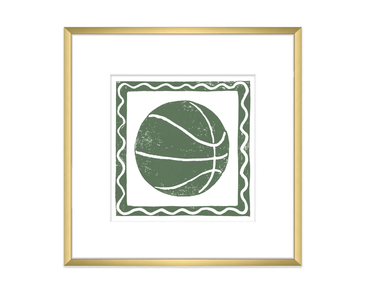Framed artwork of a green basketball with wavy border on a white background