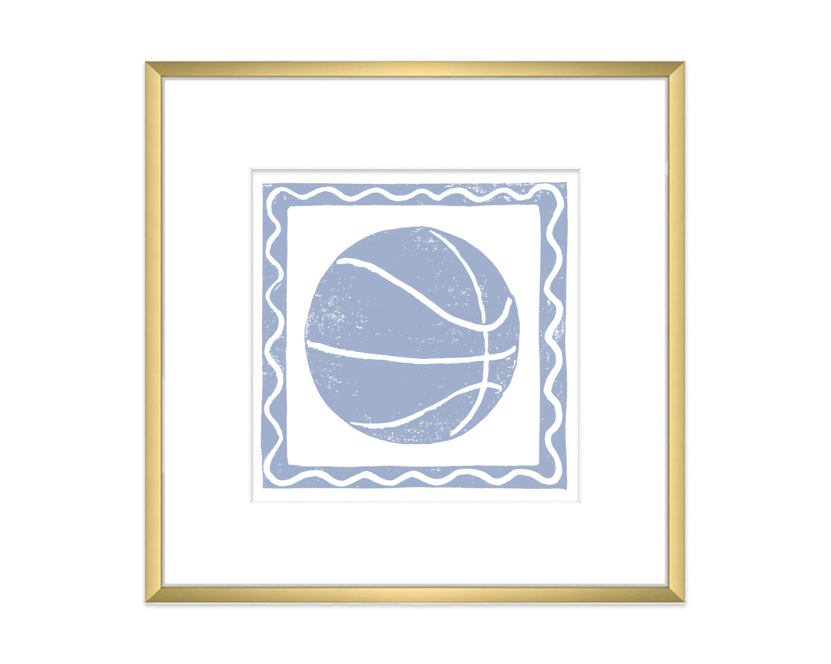 Framed artwork of a blue basketball with wavy border on a white background