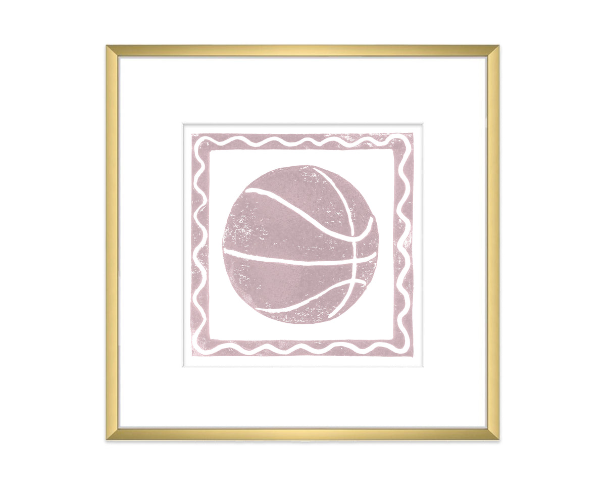 Framed artwork of a pink and white basketball design on a white background