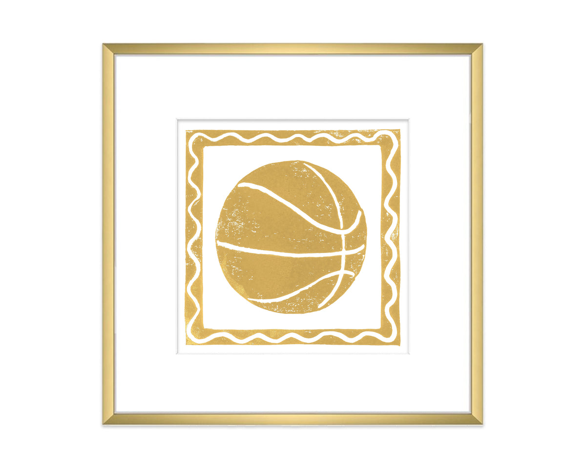 Framed artwork of a gold basketball with wavy border on a white background
