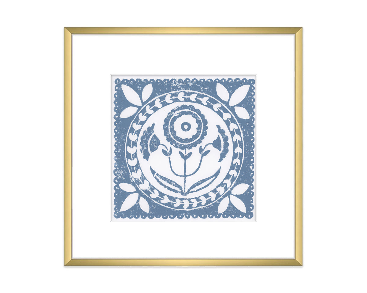 cornflower blue and white daffodil flower block print in a gold matted frame on white background - botanical wall art decor